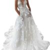 Robe de mariée col V plongeant avec motifs floraux