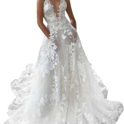 Robe de mariée col V plongeant avec motifs floraux Robe de mariée col V plongeant avec motifs floraux