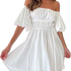 Robe blanche à ligne A épaule dénudée avec dentelle, ourlet à volants et creux pour femme en été Robe blanche à ligne A épaule dénudée avec dentelle, ourlet à volants et creux pour femme en été