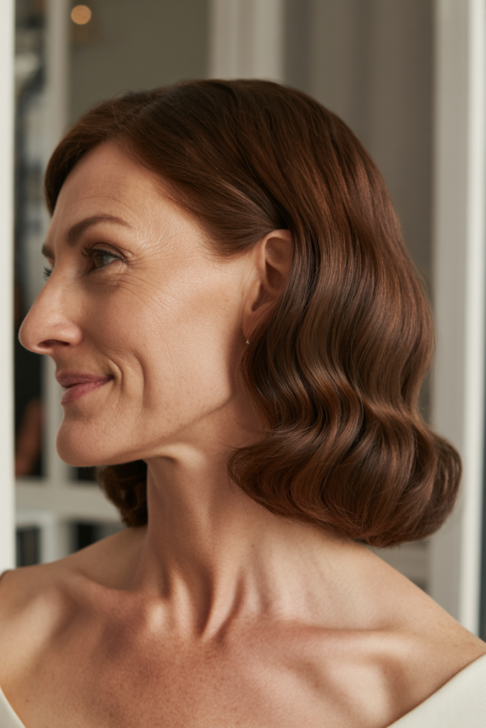 25 meilleures coiffures de mère de la mariée pour 2026 image 26 | Soirée Blanche vagues balayées latéralement avec une oreille repliée