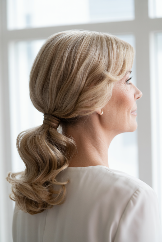 25 meilleures coiffures de mère de la mariée pour 2026 image 30 | Soirée Blanche Queue de cheval basse avec des vagues douces