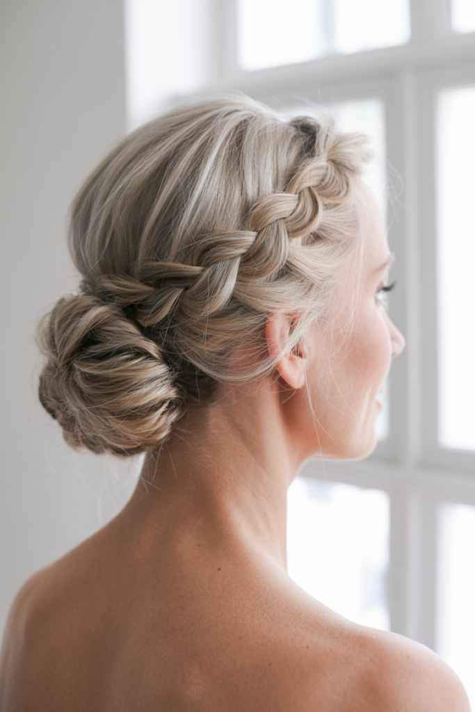 25 meilleures coiffures de mère de la mariée pour 2026 image 36 | Soirée Blanche Tresse latérale en chignon bas