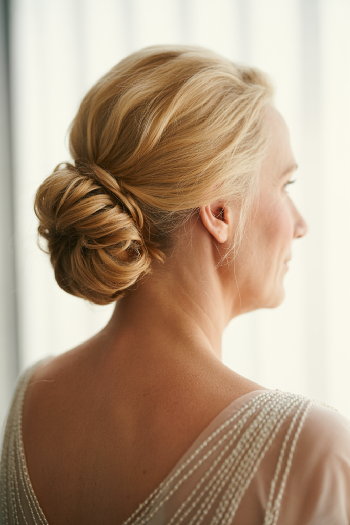 25 meilleures coiffures de mère de la mariée pour 2026 image 4 | Soirée Blanche Chignon bas torsadé
