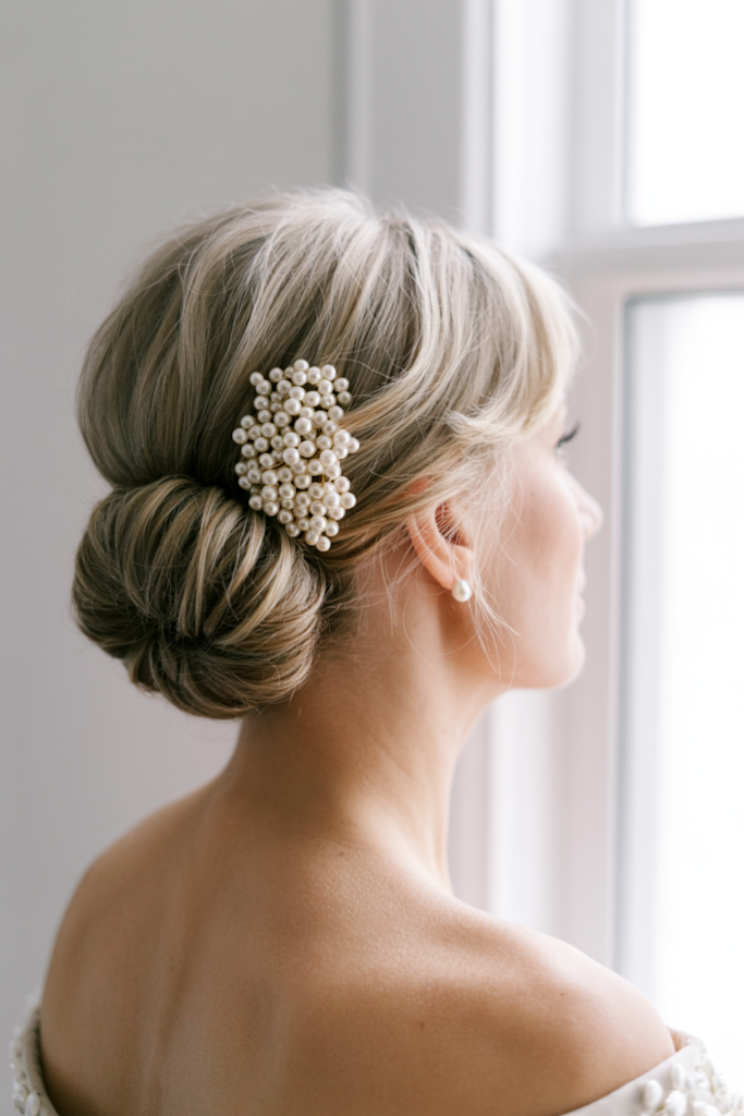 25 meilleures coiffures de mère de la mariée pour 2026 image 8 | Soirée Blanche Chignon bas + épingles à perles