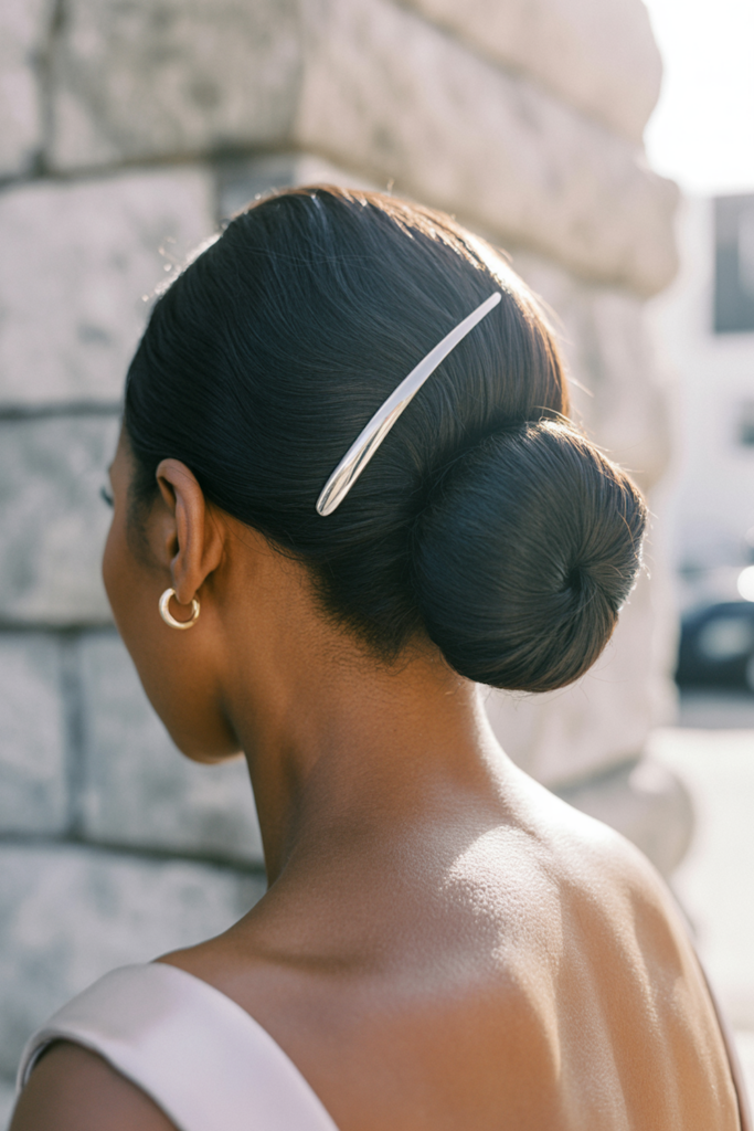 25 meilleures coiffures de mère de la mariée pour 2026 image 10 | Soirée Blanche Chignon bas + Barrette fine
