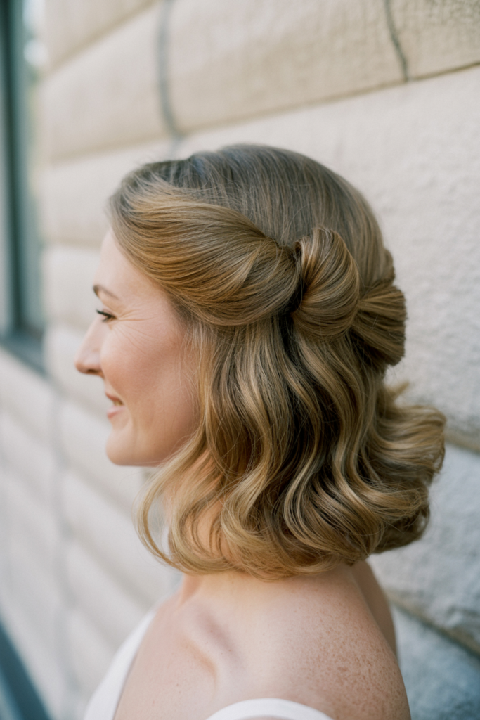 25 meilleures coiffures de mère de la mariée pour 2026 image 14 | Soirée Blanche Vagues douces à moitié torsadées