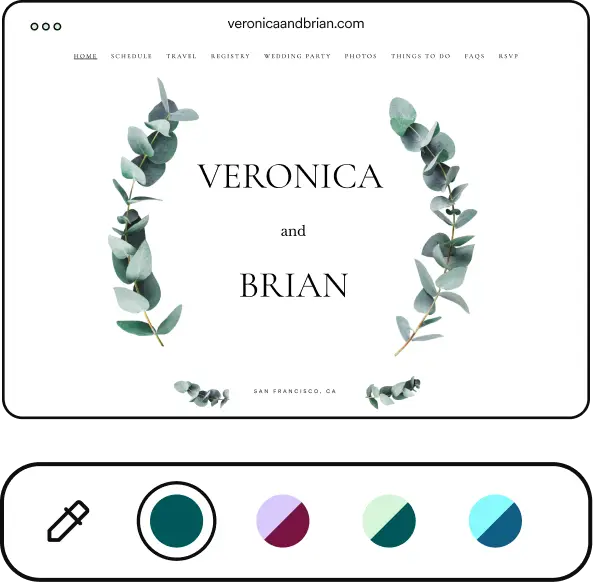 Aperçu du site Web de mariage Zola avec modèle botanique d'eucalyptus et palette de personnalisation des couleurs