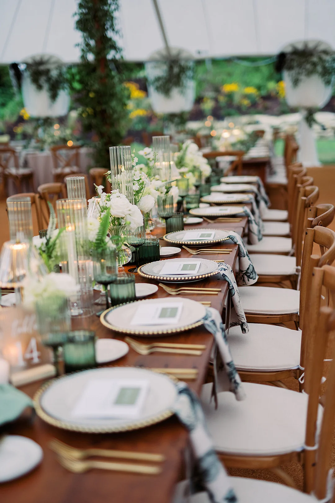 Mariage de Quinn et Michael dans une garden-party dans l'Ohio image 17 | Soirée Blanche Longues tables de réception sous la tente avec verdure et chandelles