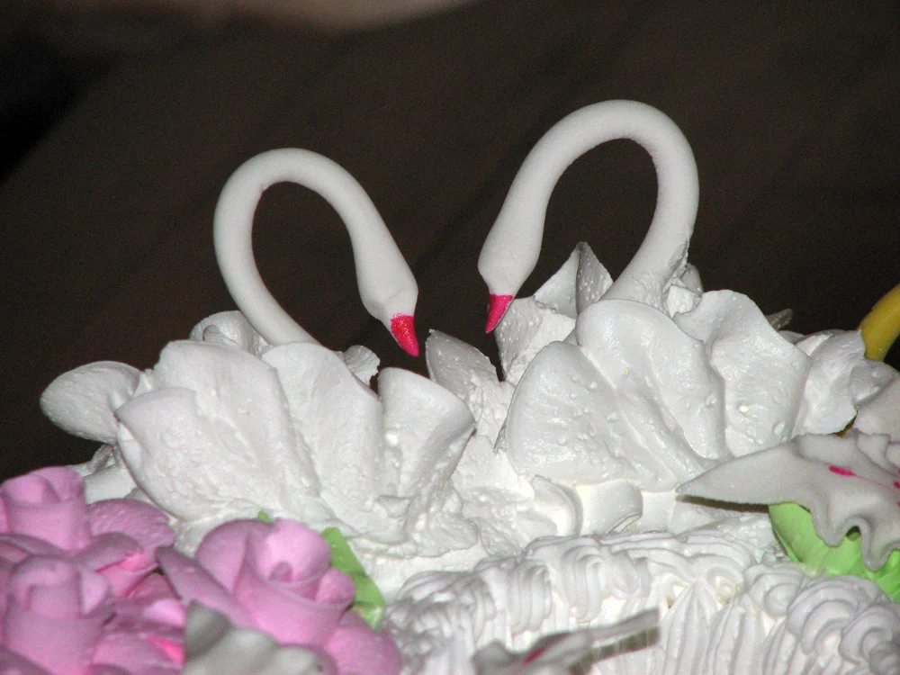 Close-up de deux cygnes blancs avec des cous courbés et se faisant face sur un gâteau de mariage ébouriffé